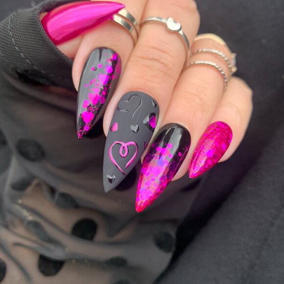 Pink/Purple and Black Valentine's Day Nails, Glitter Valentines Press on Nails, - Picture 3 of 9